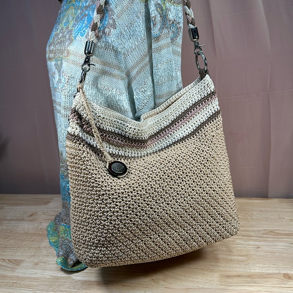 The Sak Indio Crochet Neutral Bag Woven Crossbody Silver Hardware Bag